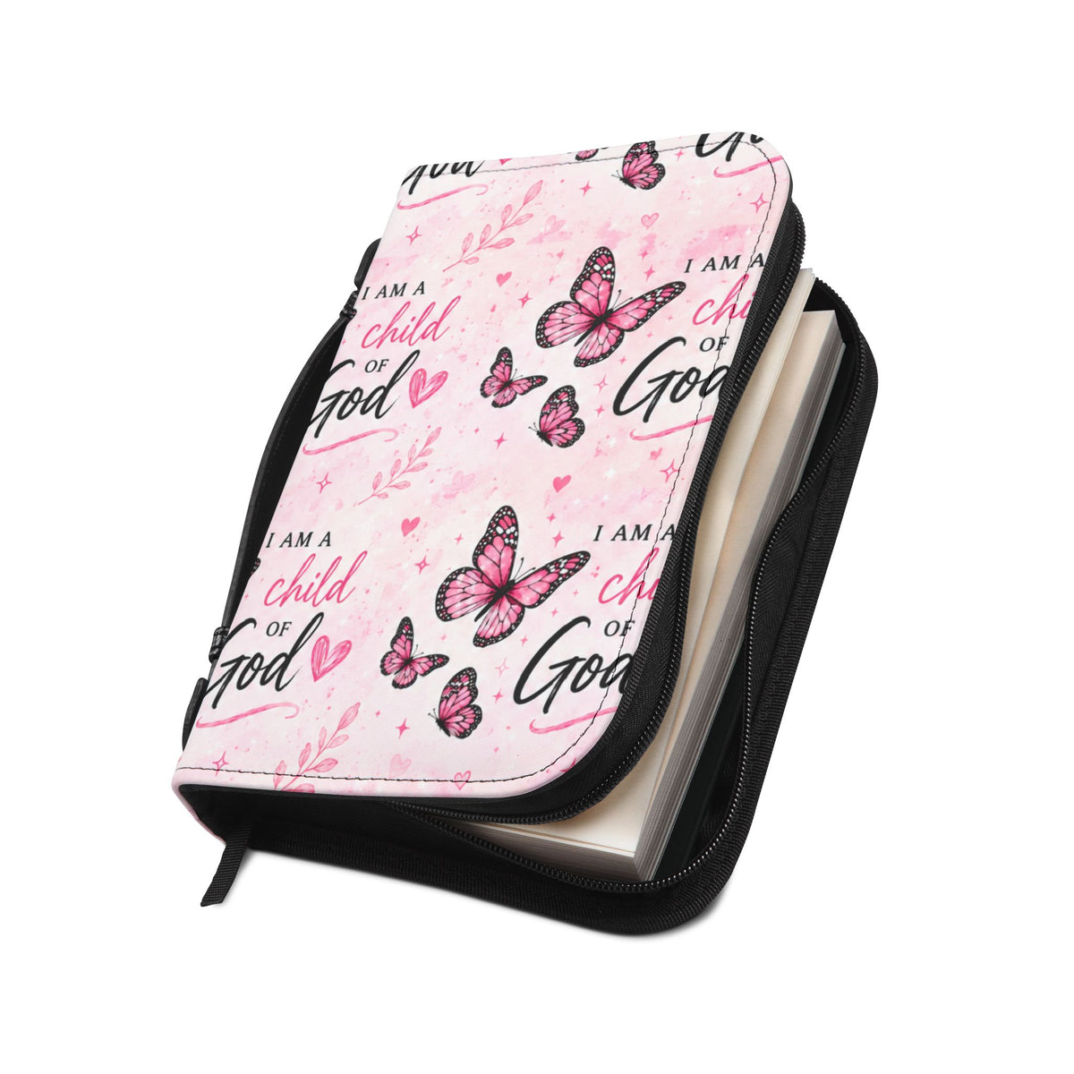 Pink Butterfly "I Am a Child of God" Bible Cover — Zippered Religious Bible Case
