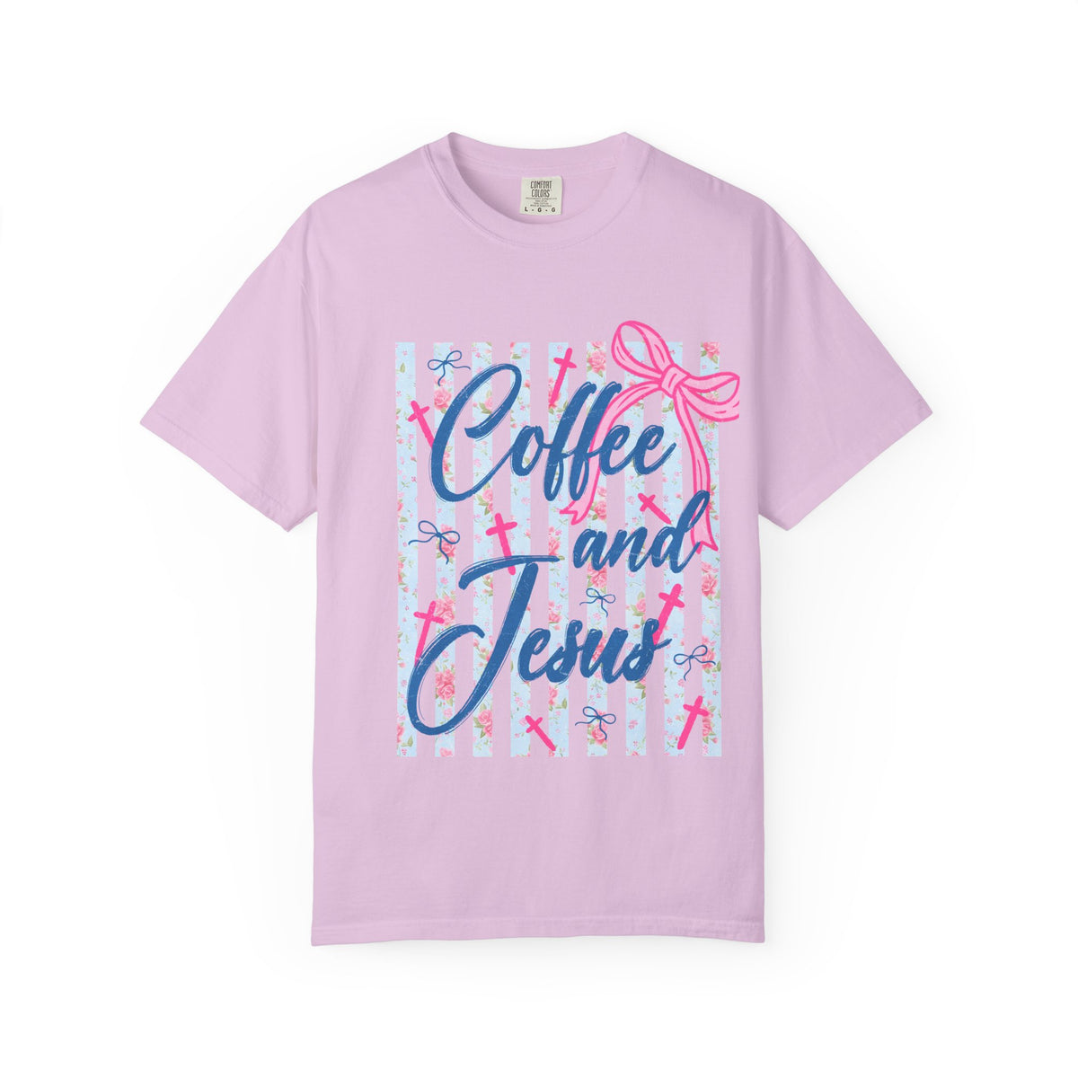 Coffee and Jesus T-Shirt — Christian Faith Graphic Tee with Pink Bow