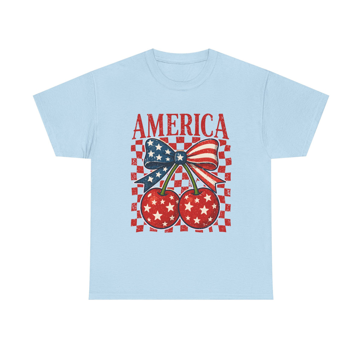 America Cherry T-Shirt – Patriotic USA Bow & Stars Graphic Tee (Fourth of July)