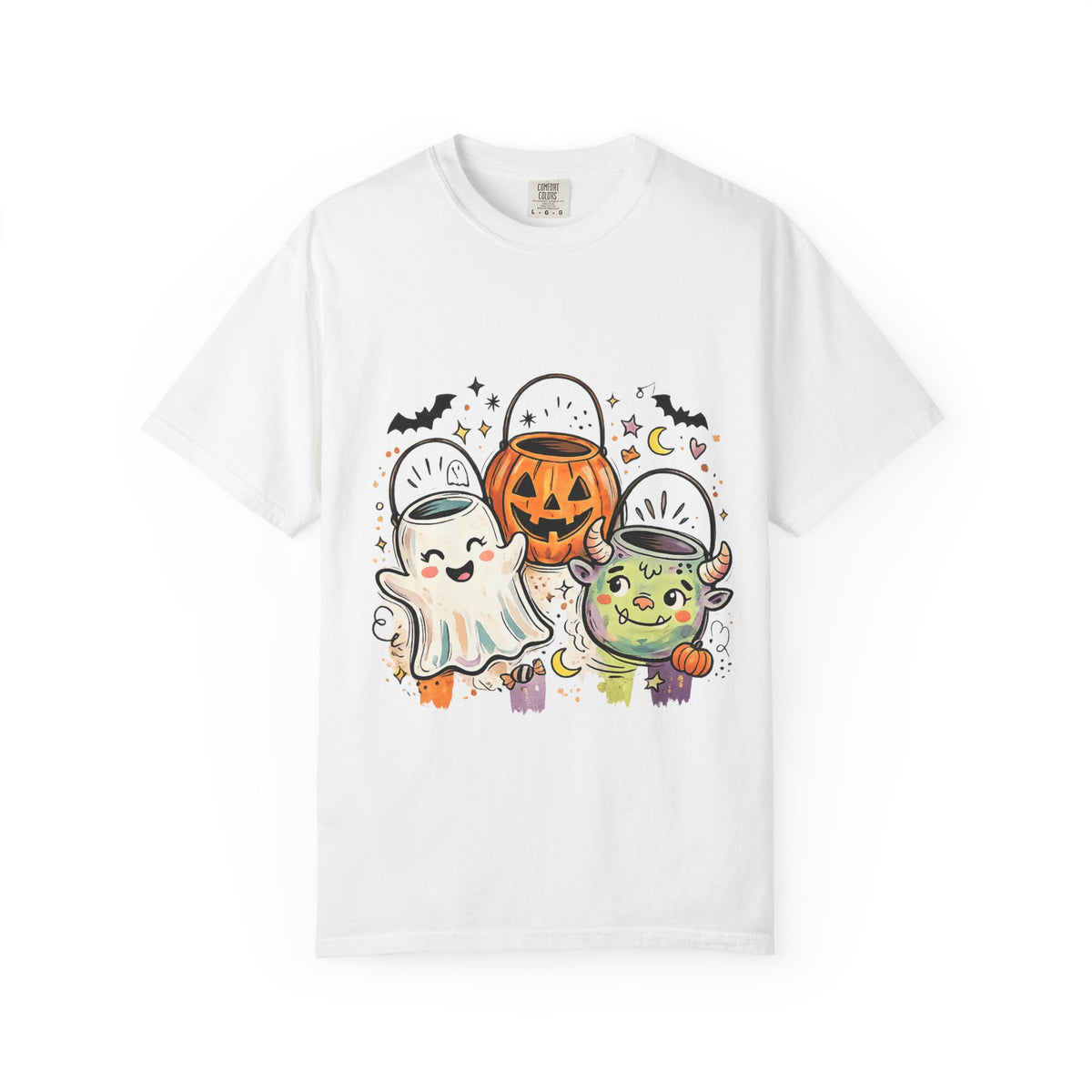 Halloween Trick-or-Treat Cute Costume Kids T-Shirt — Ghost, Pumpkin & Witch Candy Bucket Design