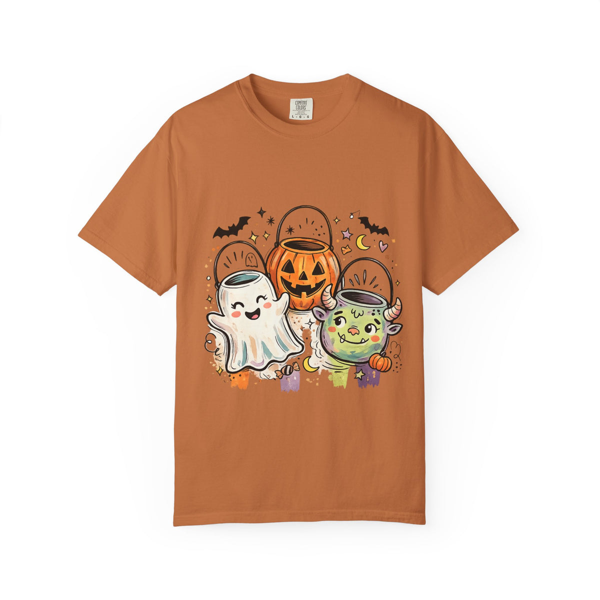 Halloween Trick-or-Treat Cute Costume Kids T-Shirt — Ghost, Pumpkin & Witch Candy Bucket Design