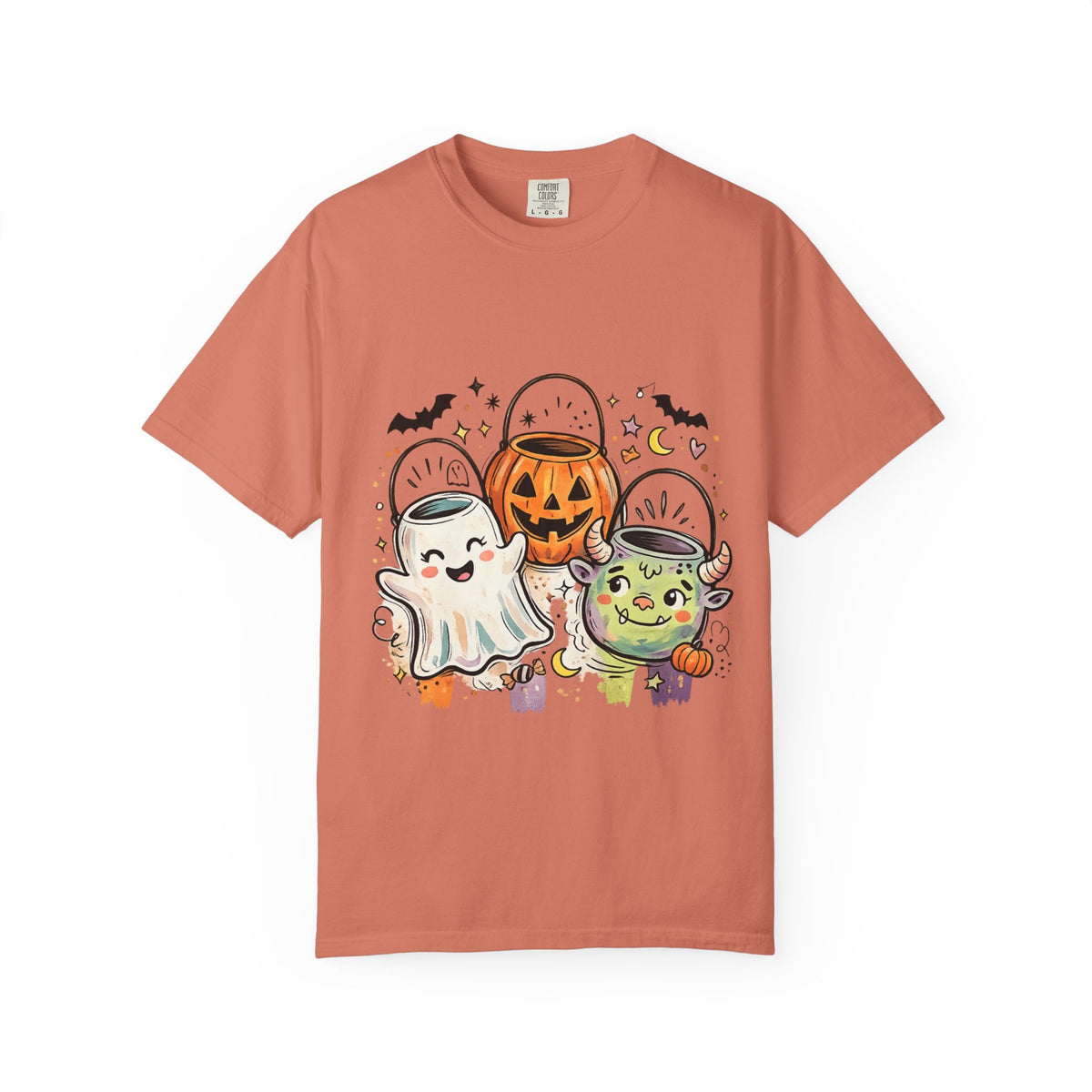 Halloween Trick-or-Treat Cute Costume Kids T-Shirt — Ghost, Pumpkin & Witch Candy Bucket Design