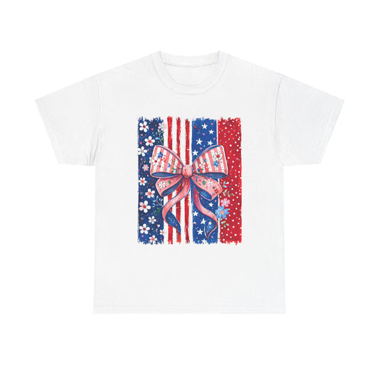 Patriotic Bow Tee – American Flag Red White Blue Stars & Stripes Shirt