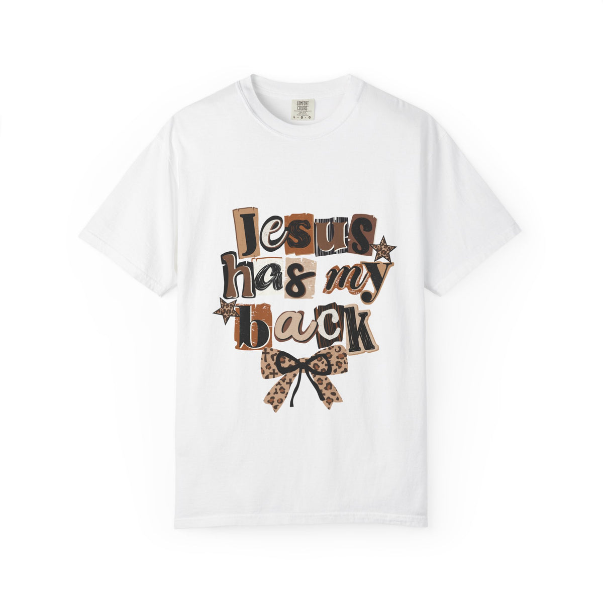 Jesus Has My Back T-Shirt — Leopard Bow Faith Graphic Tee