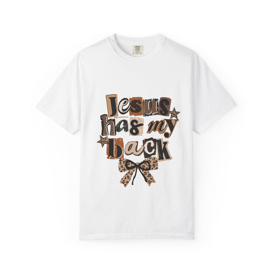 Jesus Has My Back T-Shirt — Leopard Bow Faith Graphic Tee