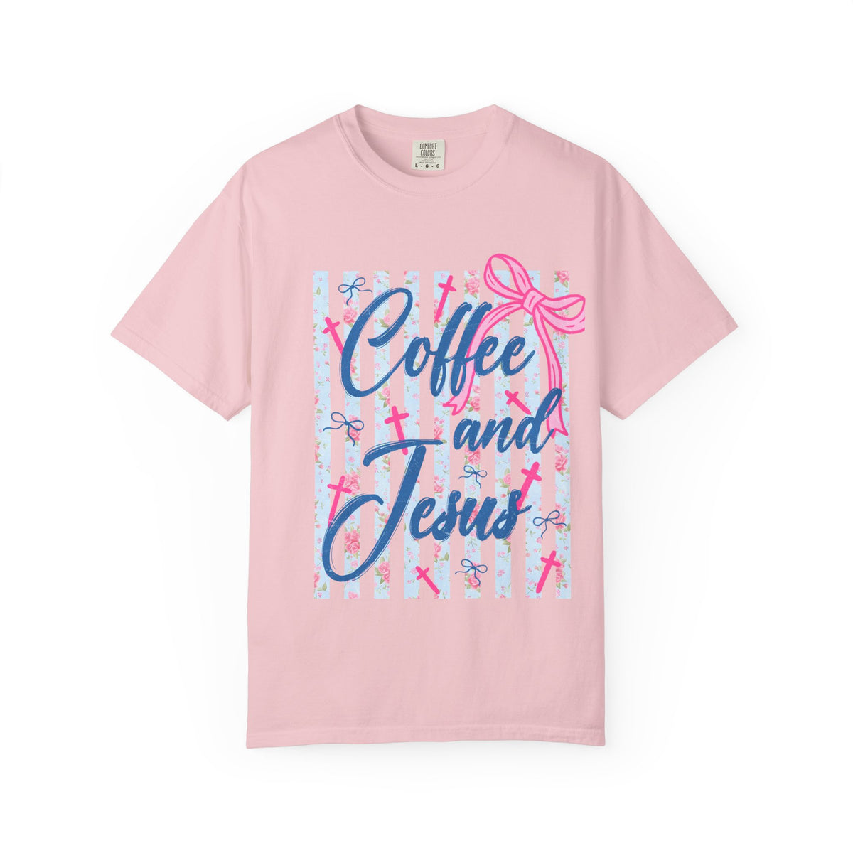 Coffee and Jesus T-Shirt — Christian Faith Graphic Tee with Pink Bow