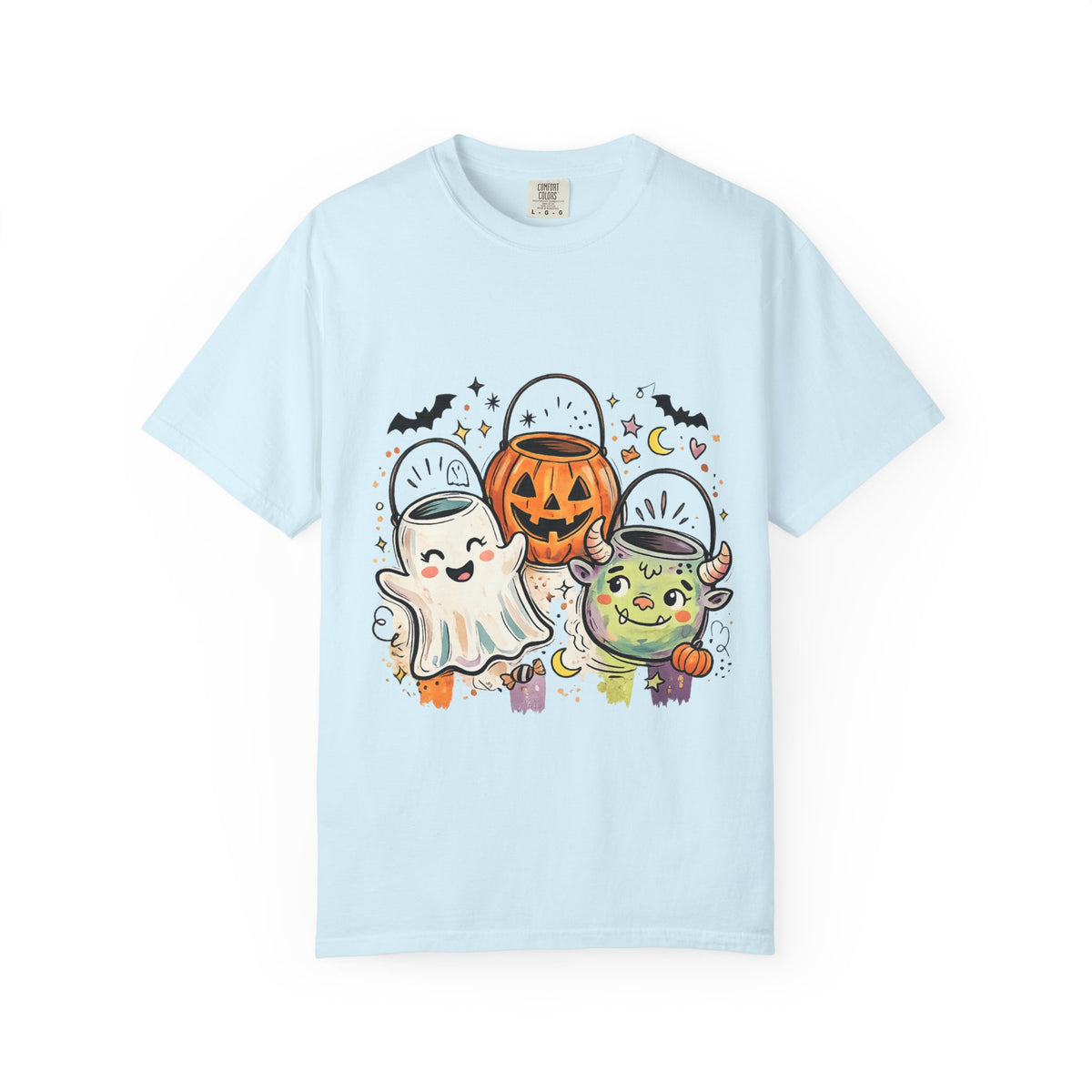 Halloween Trick-or-Treat Cute Costume Kids T-Shirt — Ghost, Pumpkin & Witch Candy Bucket Design