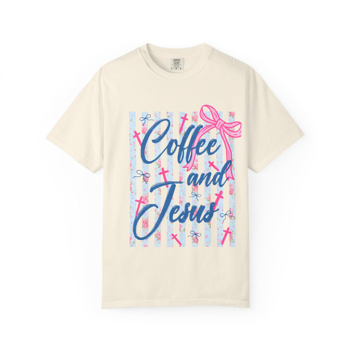 Coffee and Jesus T-Shirt — Christian Faith Graphic Tee with Pink Bow