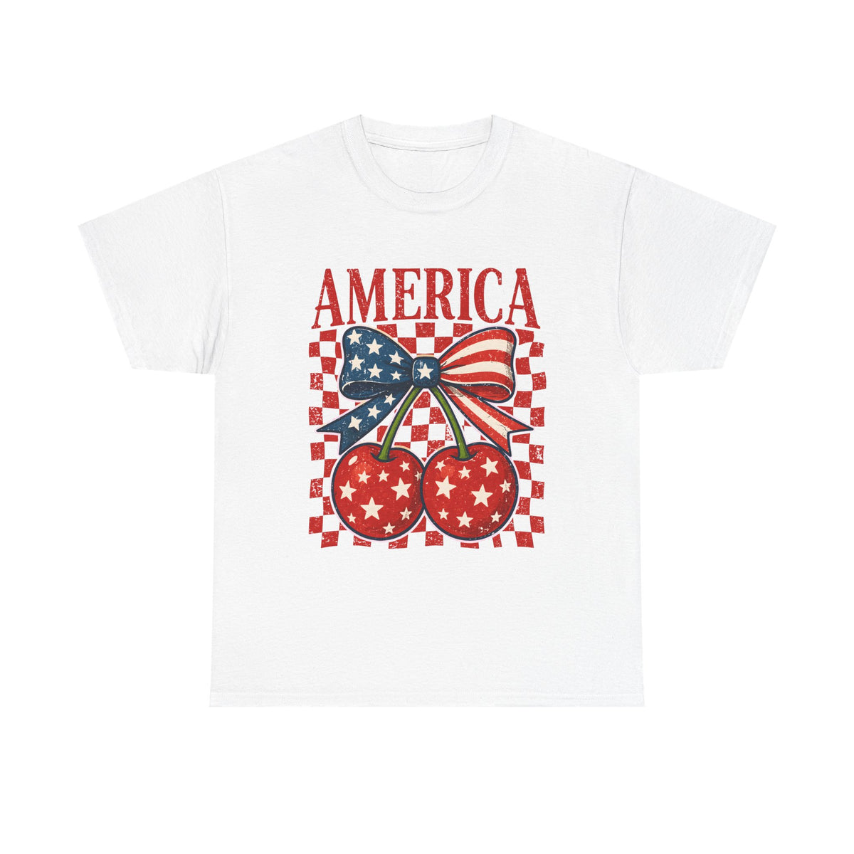 America Cherry T-Shirt – Patriotic USA Bow & Stars Graphic Tee (Fourth of July)
