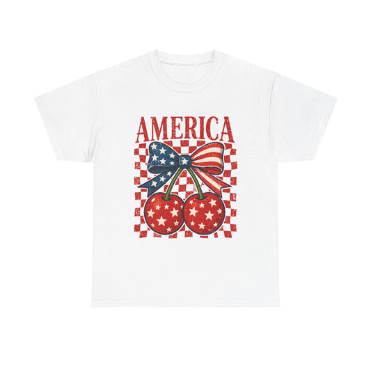 America Cherry T-Shirt – Patriotic USA Bow & Stars Graphic Tee (Fourth of July)
