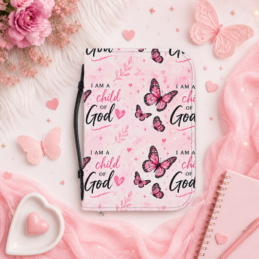 Pink Butterfly "I Am a Child of God" Bible Cover — Zippered Religious Bible Case