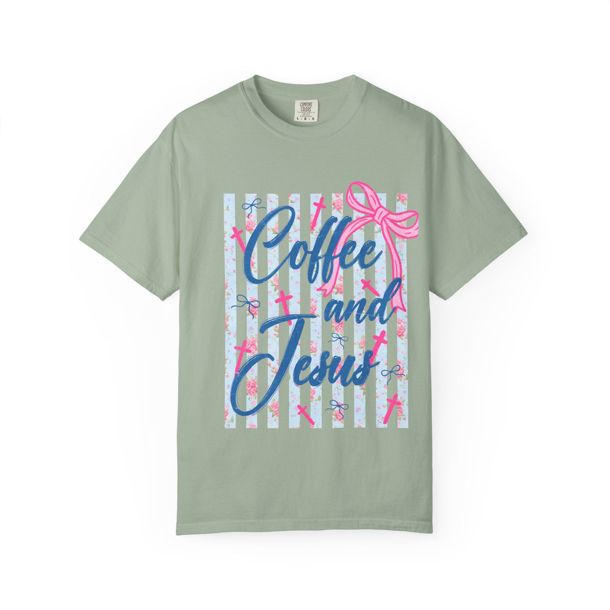 Coffee and Jesus T-Shirt — Christian Faith Graphic Tee with Pink Bow