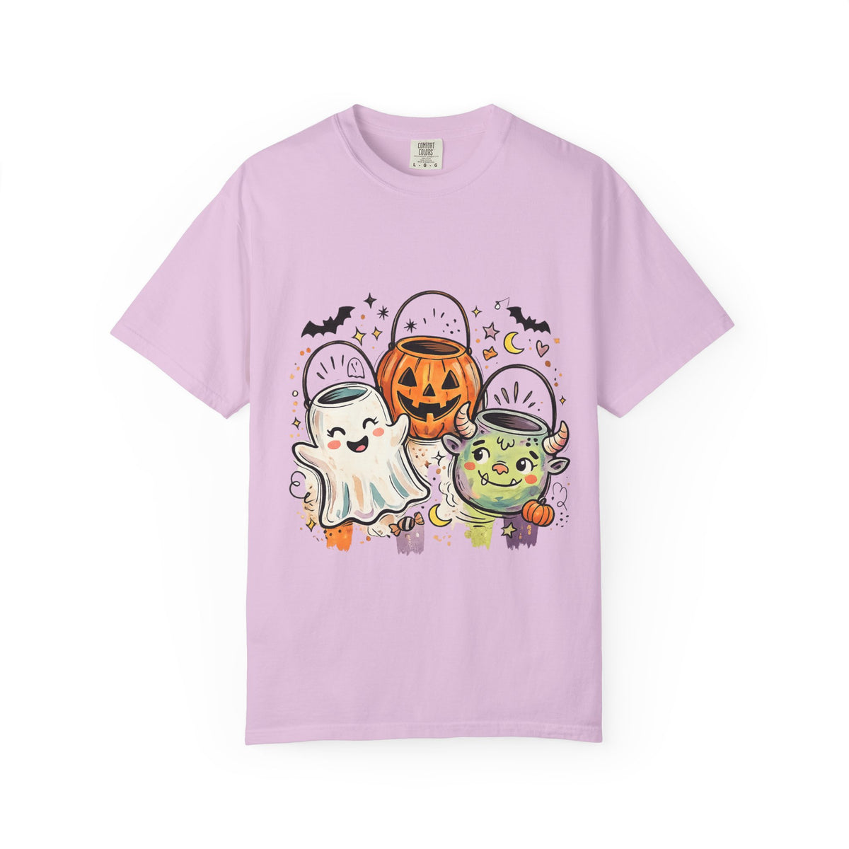 Halloween Trick-or-Treat Cute Costume Kids T-Shirt — Ghost, Pumpkin & Witch Candy Bucket Design