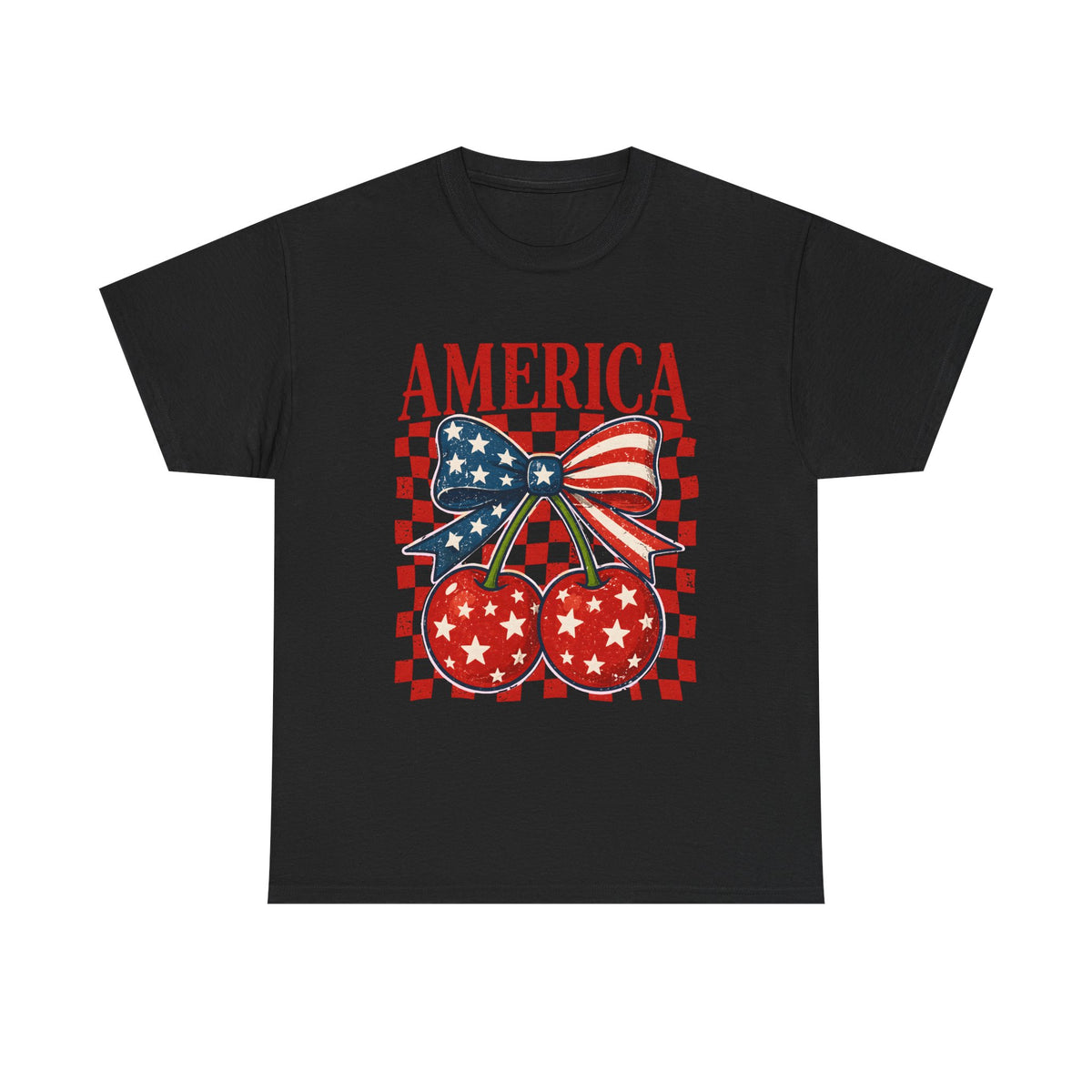 America Cherry T-Shirt – Patriotic USA Bow & Stars Graphic Tee (Fourth of July)