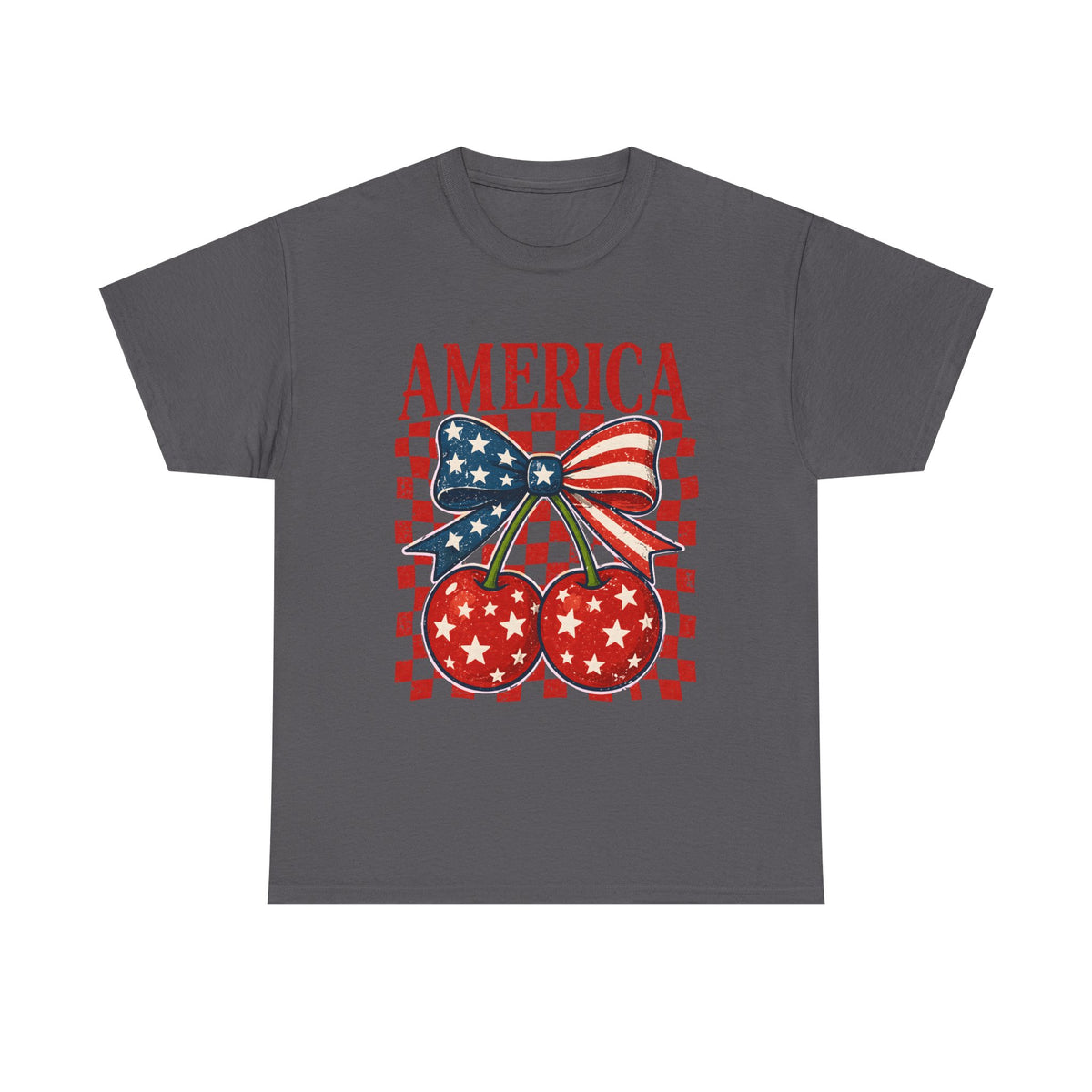 America Cherry T-Shirt – Patriotic USA Bow & Stars Graphic Tee (Fourth of July)