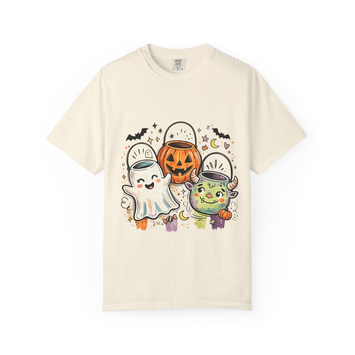 Halloween Trick-or-Treat Cute Costume Kids T-Shirt — Ghost, Pumpkin & Witch Candy Bucket Design