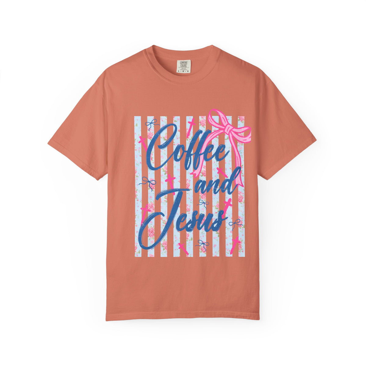 Coffee and Jesus T-Shirt — Christian Faith Graphic Tee with Pink Bow