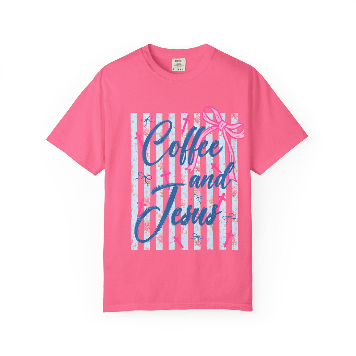 Coffee and Jesus T-Shirt — Christian Faith Graphic Tee with Pink Bow