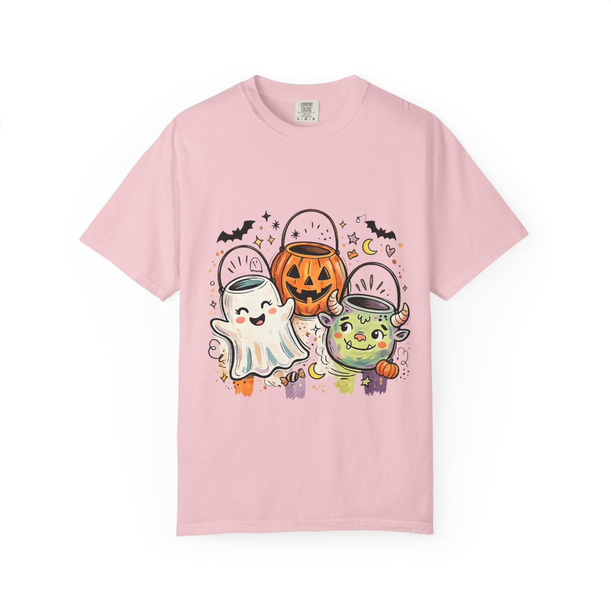 Halloween Trick-or-Treat Cute Costume Kids T-Shirt — Ghost, Pumpkin & Witch Candy Bucket Design