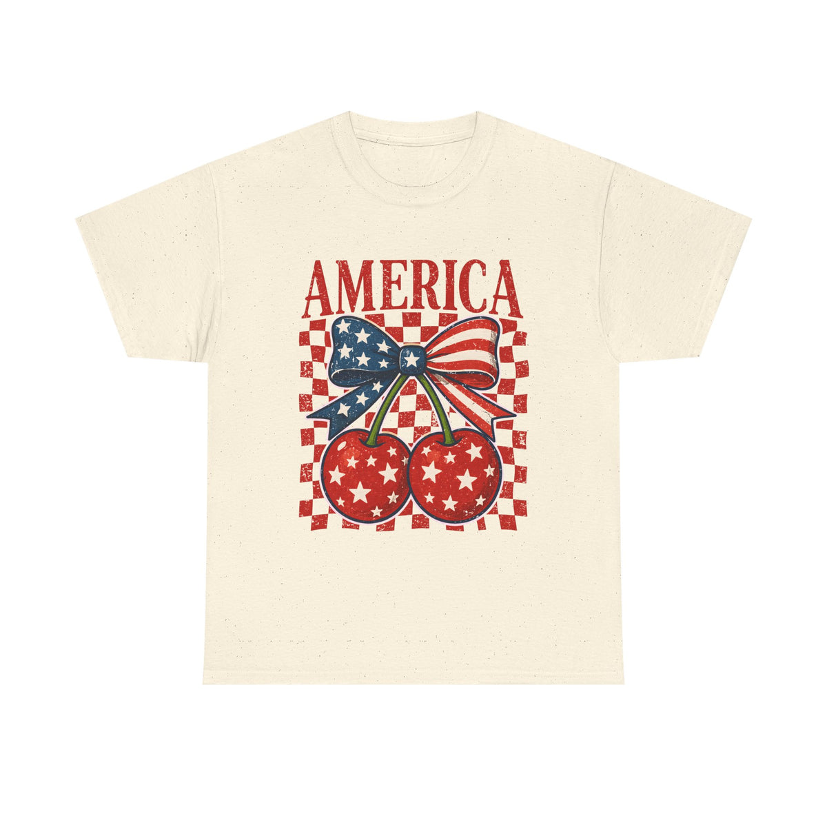 America Cherry T-Shirt – Patriotic USA Bow & Stars Graphic Tee (Fourth of July)