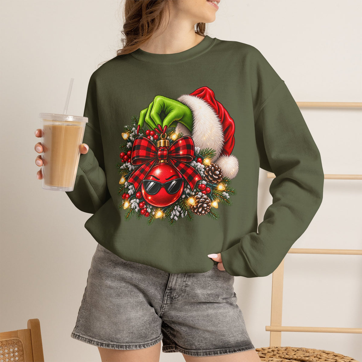 Grinch Santa Wreath Christmas Sweatshirt