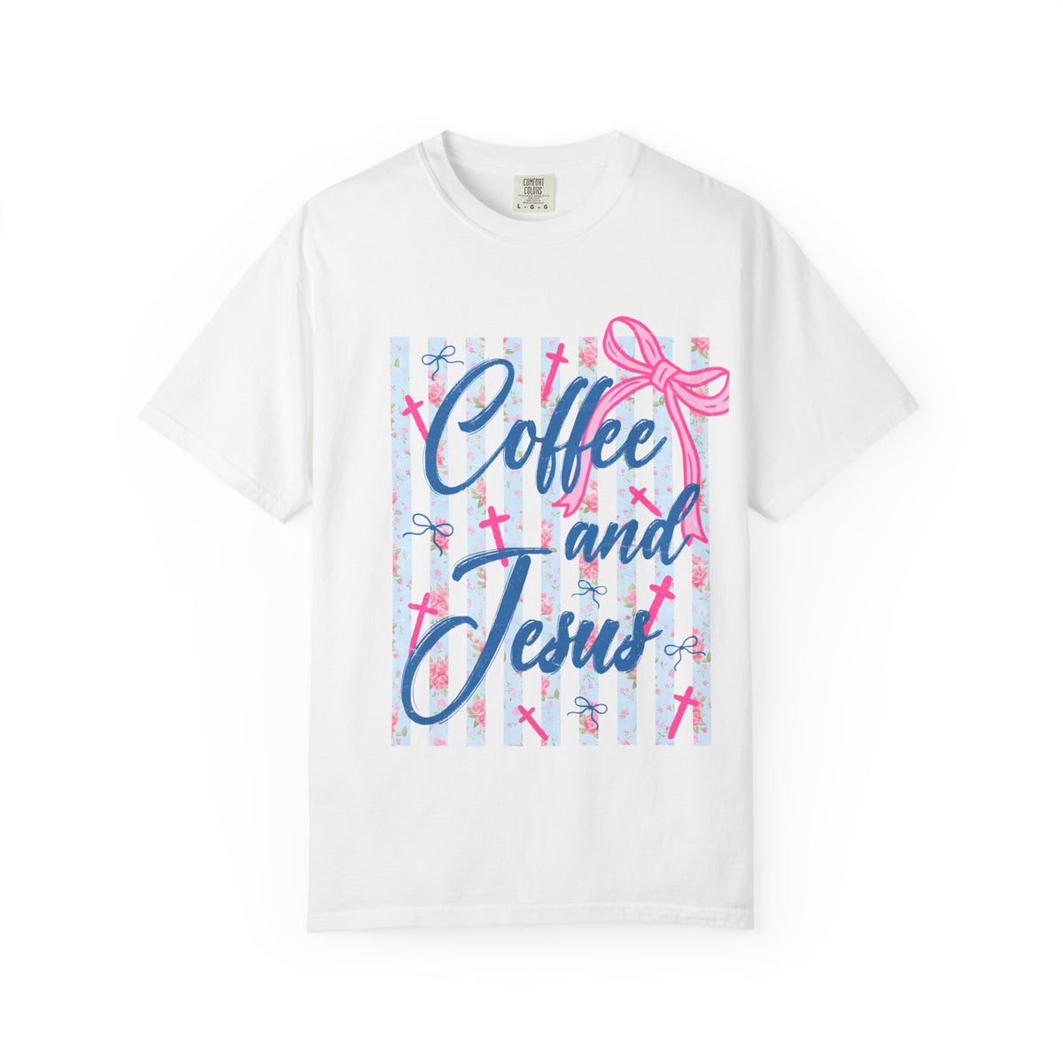 Coffee and Jesus T-Shirt — Christian Faith Graphic Tee with Pink Bow