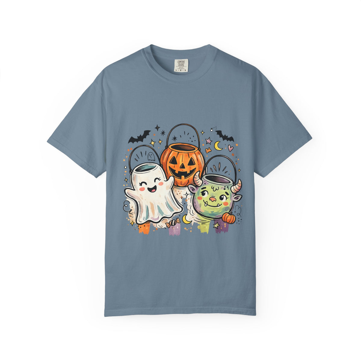 Halloween Trick-or-Treat Cute Costume Kids T-Shirt — Ghost, Pumpkin & Witch Candy Bucket Design