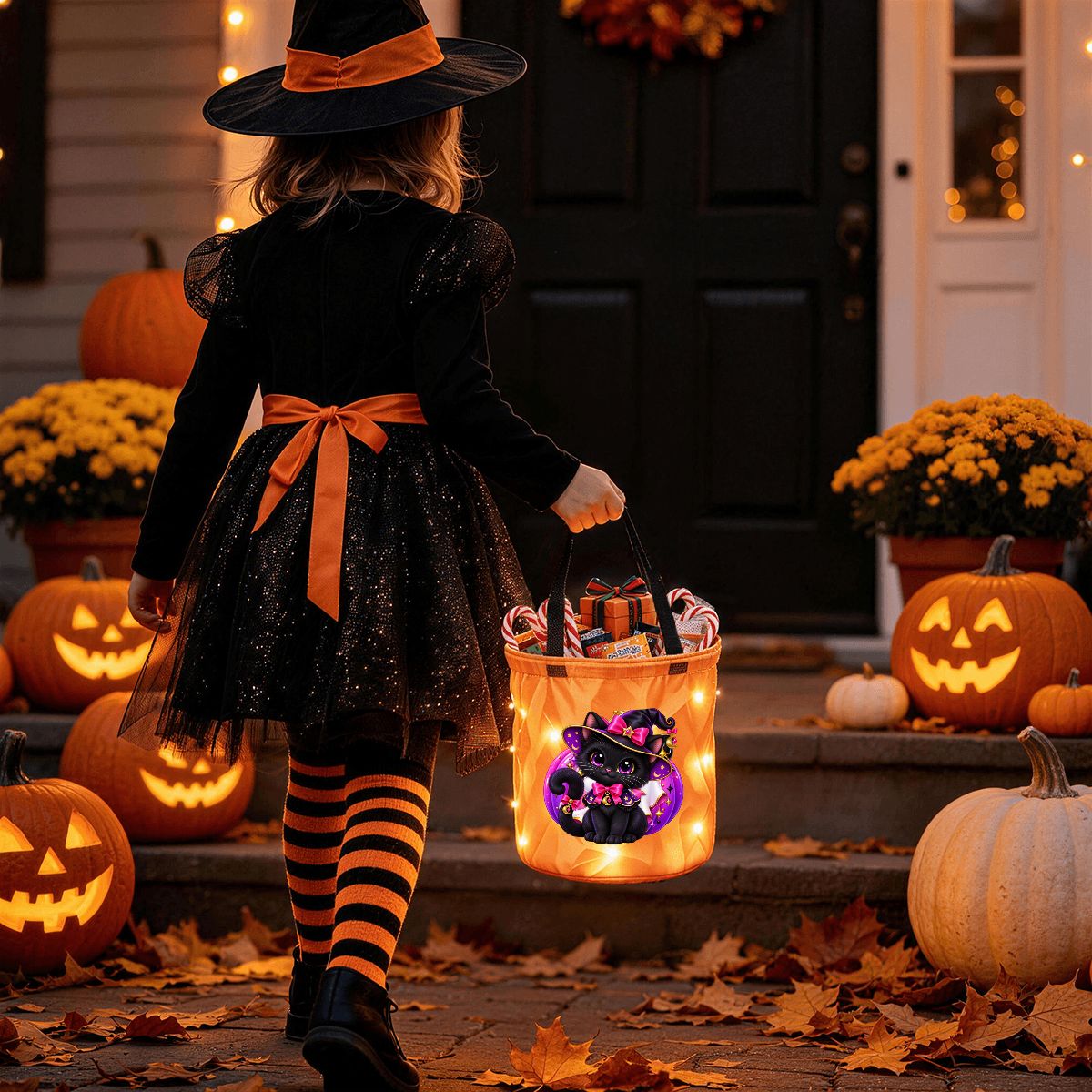 Light Up Halloween Basket- Witch Kitty