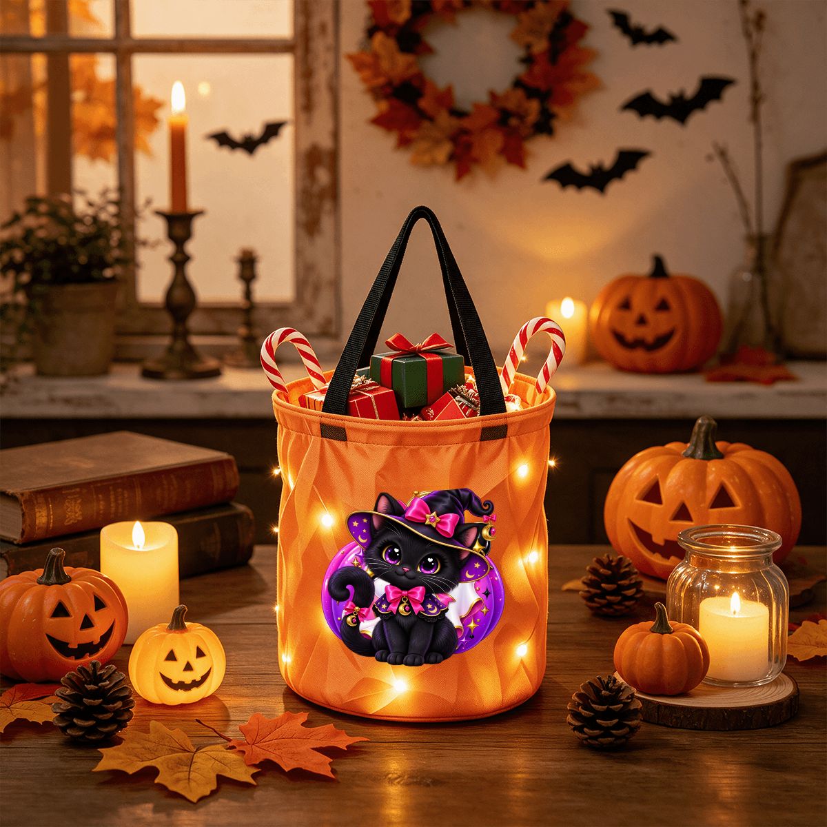 Light Up Halloween Basket- Witch Kitty