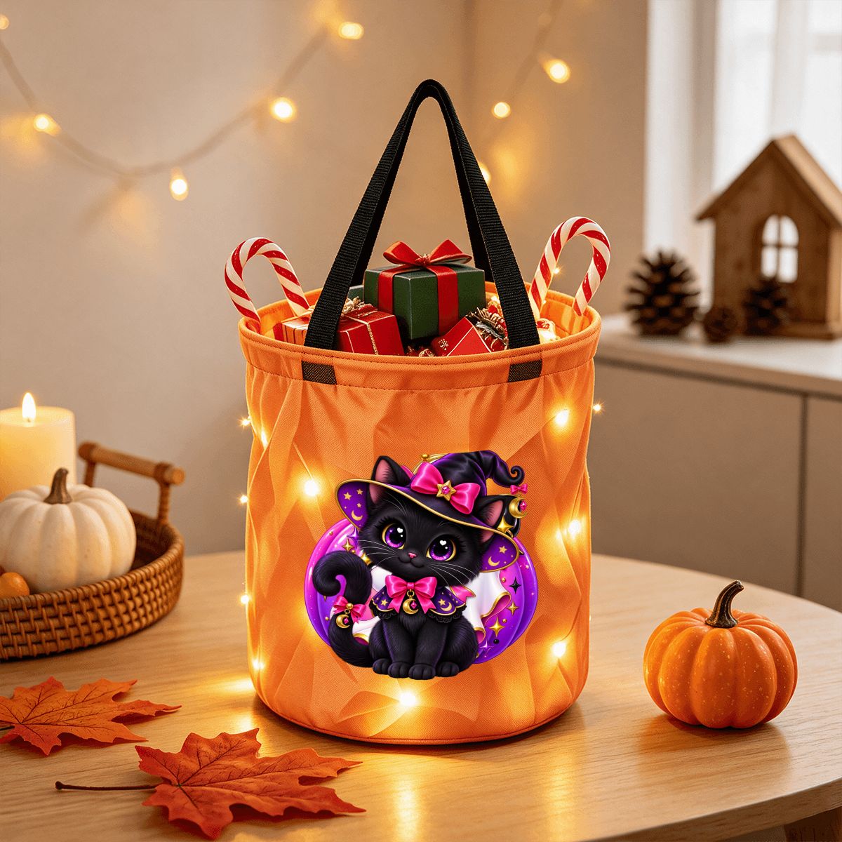 Light Up Halloween Basket- Witch Kitty